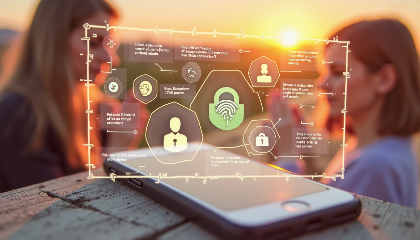 Futuristic smartphone interface with biometric security, profile verification, and AI fraud detection, symbolizing secure online dating.