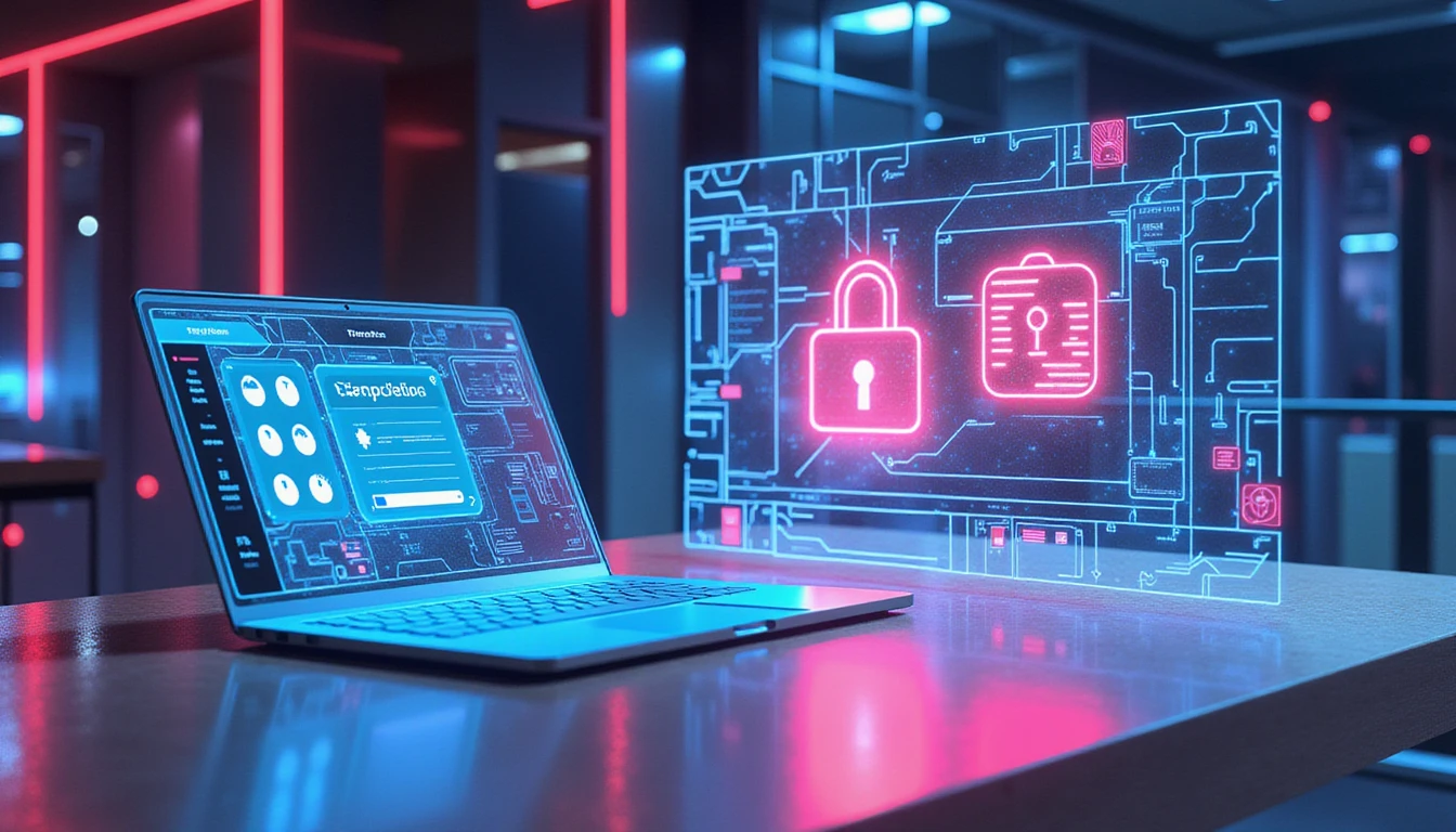 Futuristic neon-lit security hub with AI-driven tools analyzing user profiles, detecting fraud, and safeguarding privacy in online dating.