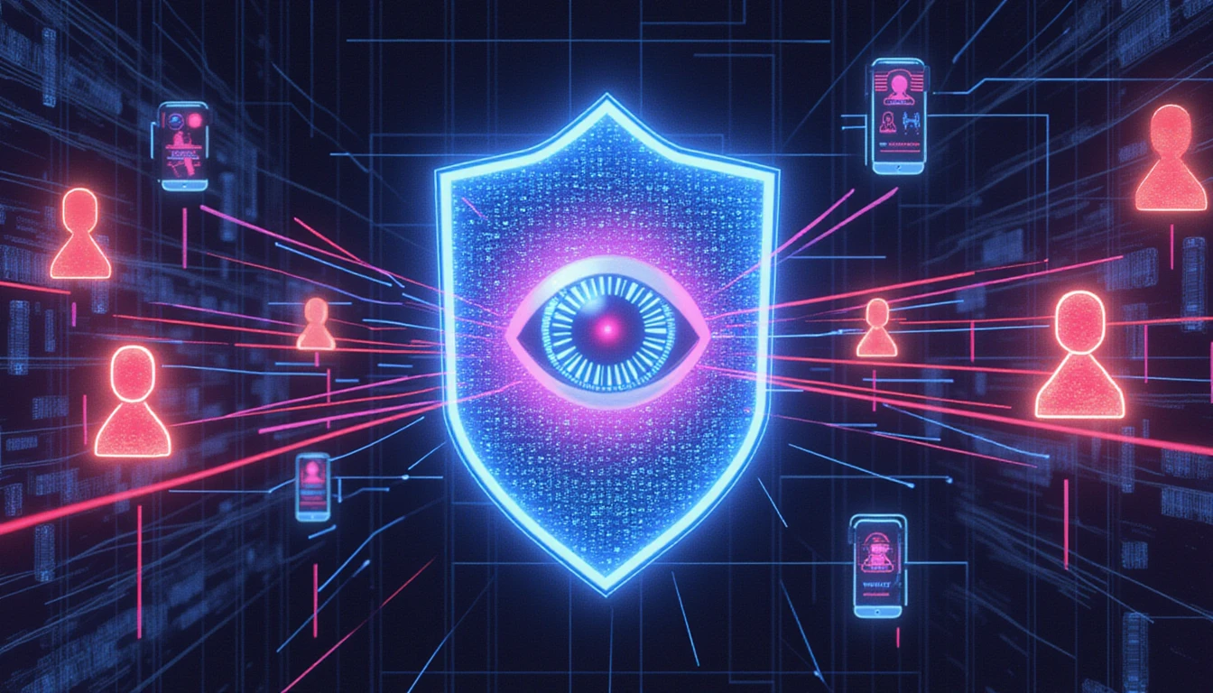 Futuristic AI-driven shield scans dating profiles, highlighting fraud in red and verified users in blue, symbolizing online dating security.