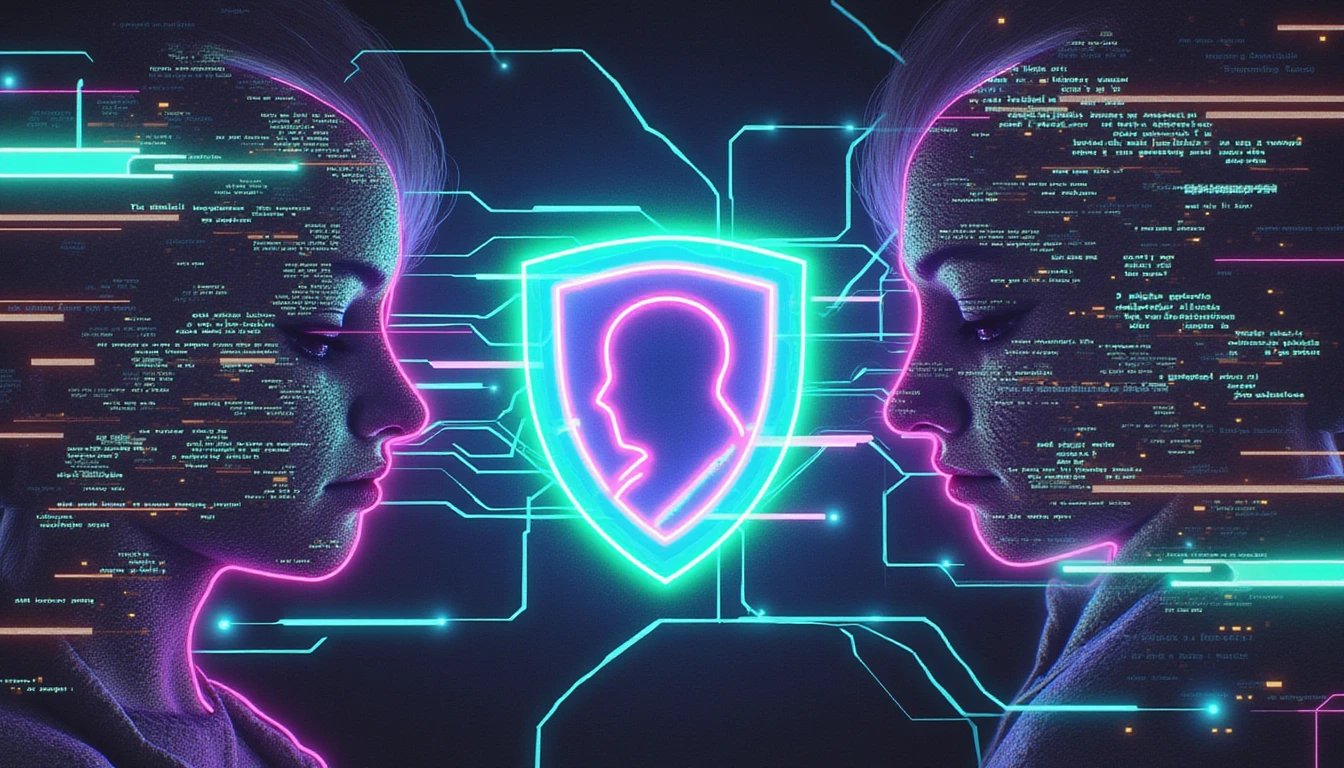 Ultra-realistic neon visualization of AI-driven fraud detection in online dating, featuring a glowing shield, data patterns, and disintegrating fake profiles.