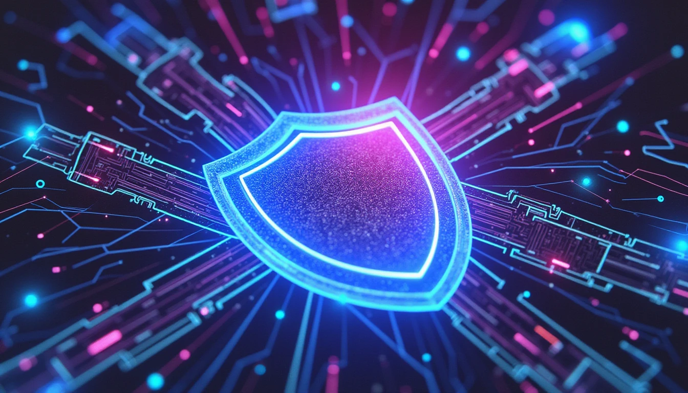 Futuristic neon shield with AI neural networks, holographic analysis, and digital locks illustrating insurance fraud prevention.