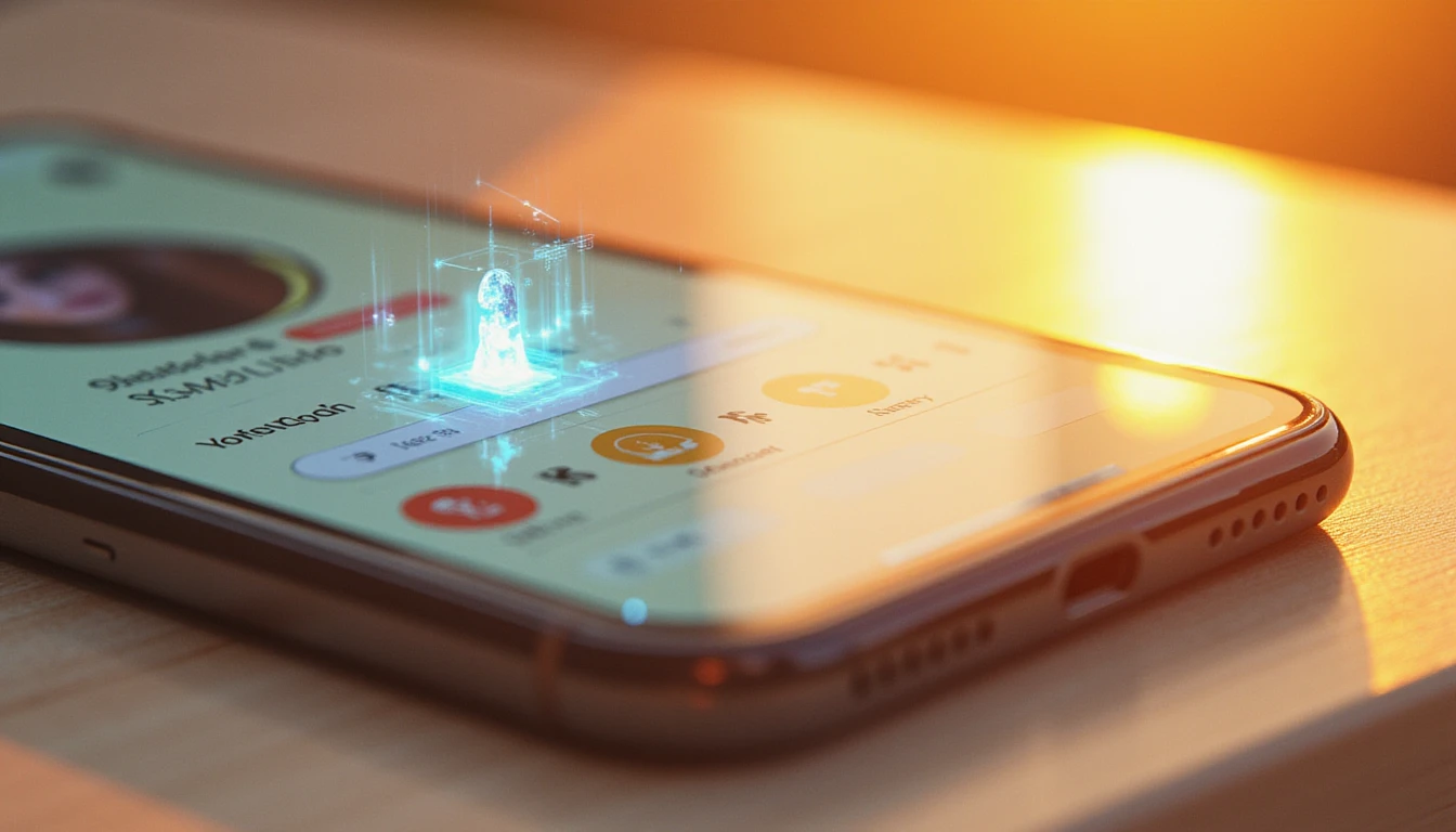 Ultrarealistische Makroaufnahme eines Dating-App-Bildschirms mit einer KI-gestützten Betrugserkennungs-Overlay, die verdächtige Elemente in goldenem Licht hervorhebt.