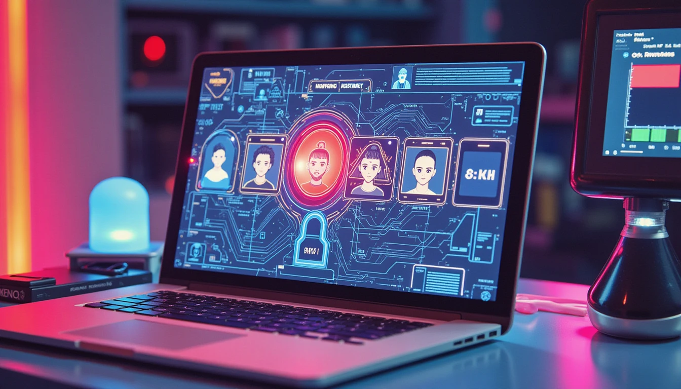 Futuristic interface with neon-glowing AI system detecting fraudulent profile on a dating platform, symbolizing advanced security algorithms.