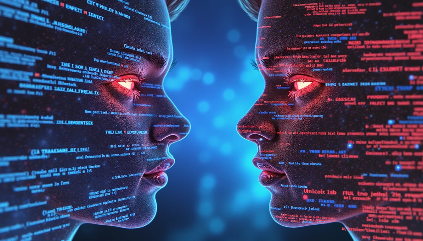 Futuristic concept of AI fraud detection in online dating; split-screen of genuine chat vs deceptive AI text, neural network analysis.