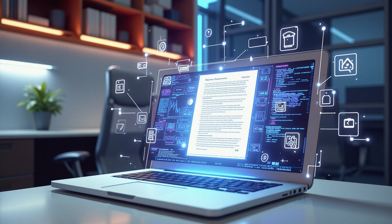 Futuristic insurance office with neon-glow AI Fraud Protection, showing a digital interface analyzing documents for anomalies.