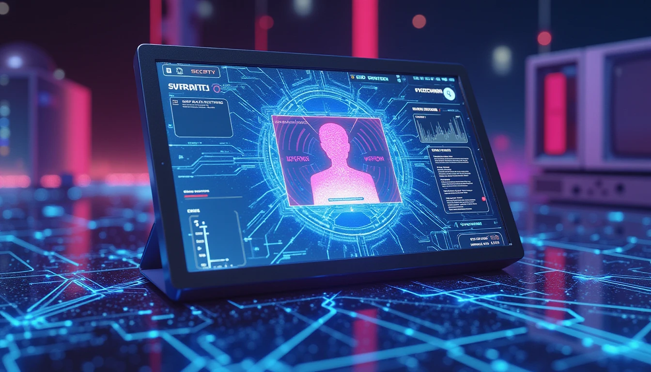 Futuristische digitale Sicherheitsschnittstelle mit neonfarbenem Cyber-Netzwerk, biometrischen Scans und Datenströmen zur Analyse der Echtheit von Online-Dating-Profilen.