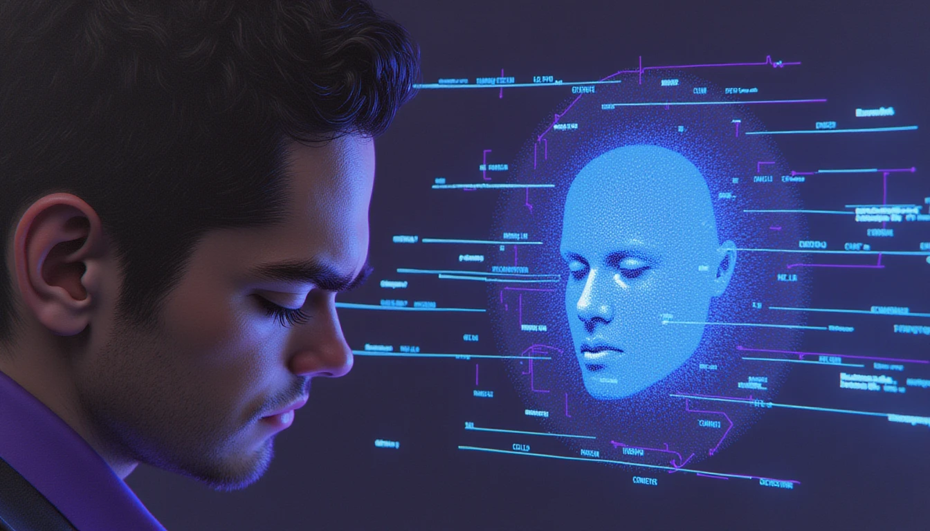Futuristisches, KI-gestütztes Sicherheitssystem, das Dating-Profile scannt, Fälschungen mit neonleuchtender Oberfläche erkennt und digitale Fragmente auflöst.