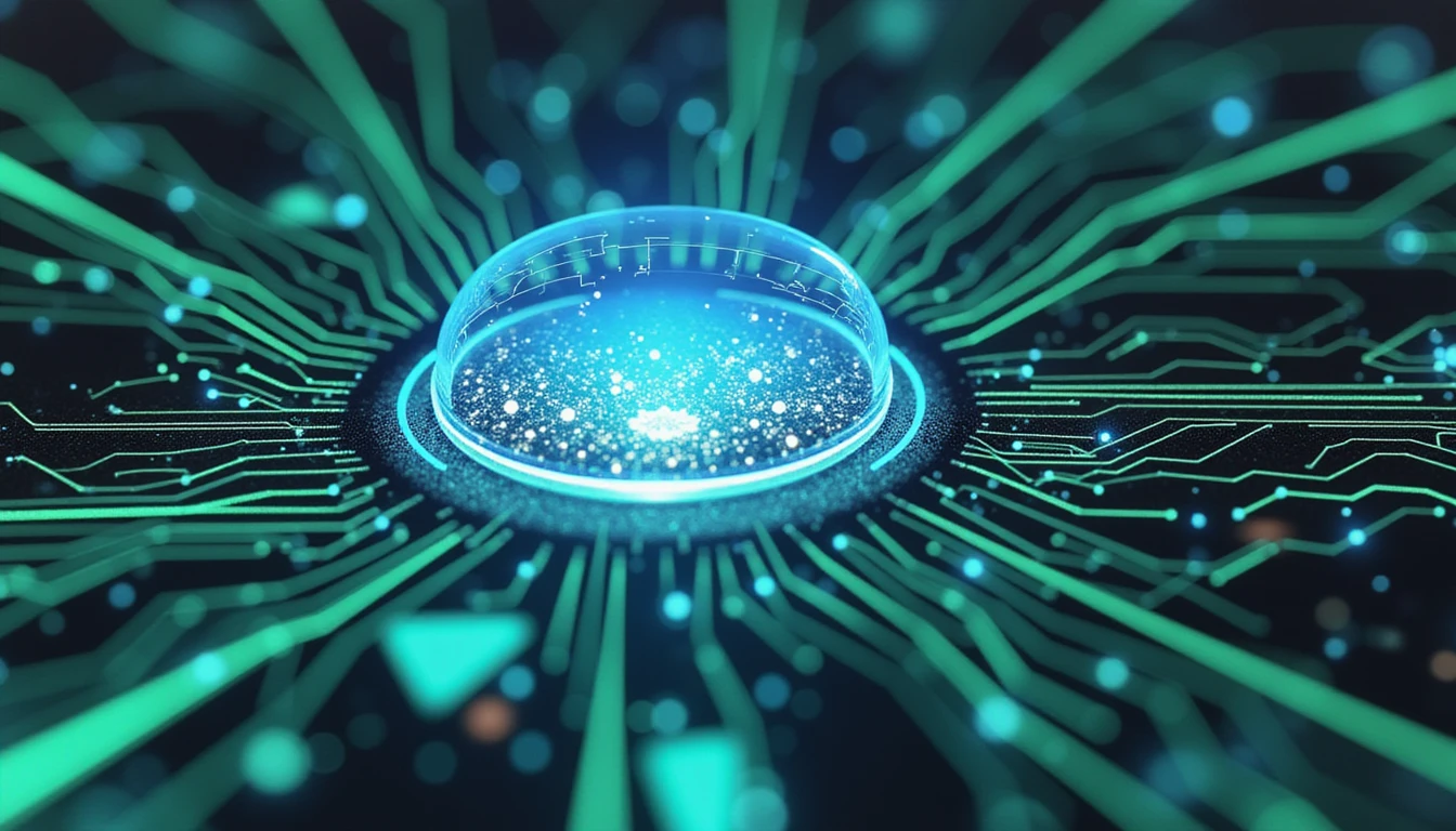 Abstrakte Neon-Matrix mit leuchtenden Schaltkreisen und einem zentralen Scanner, der fragmentierte Daten analysiert und fortschrittliche Technologie bei der Erkennung von Versicherungsbetrug symbolisiert.