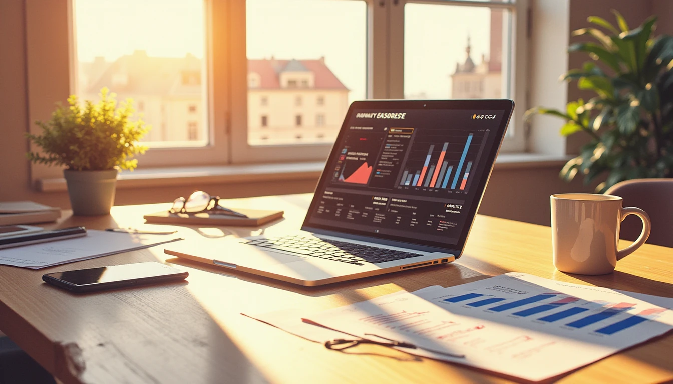 Elegant office desk at golden hour with sunlight highlighting documents, a laptop with insurance analytics, a smartphone, and coffee.