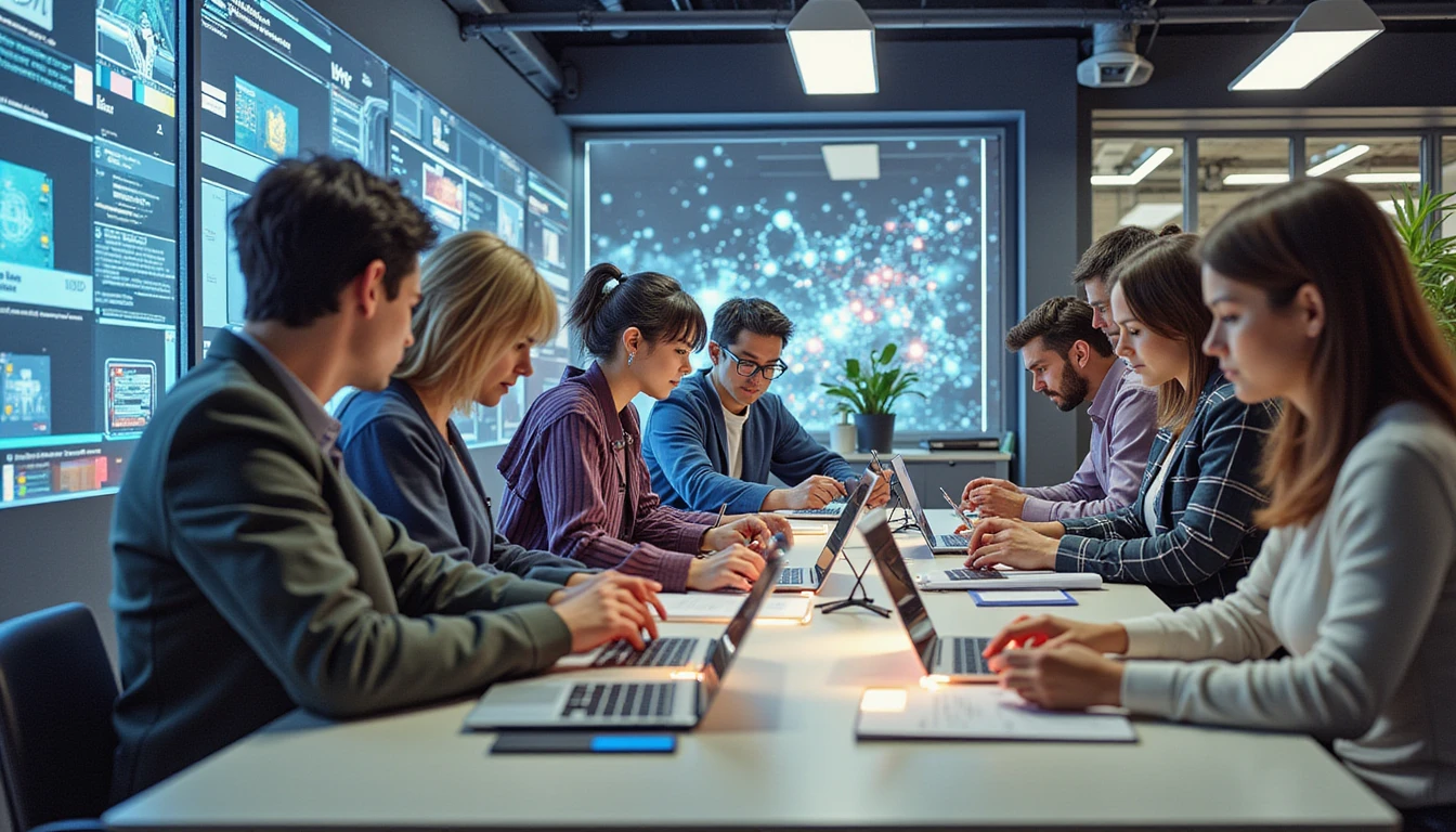 Futuristic office with teams collaborating, surrounded by glowing neon diagrams symbolizing innovation, technology, and fraud detection.