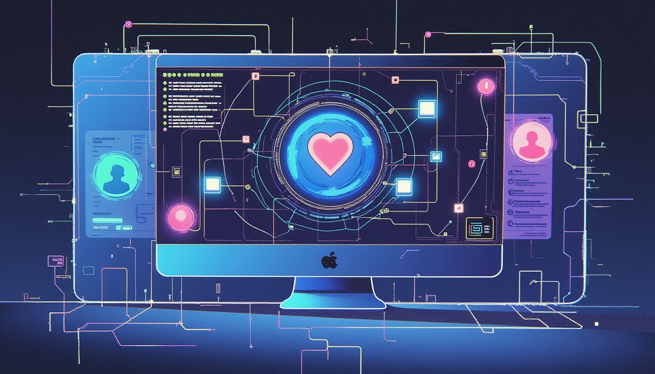 Futuristische, KI-gesteuerte Sicherheitsschnittstelle, die Profilbilder analysiert und mit Datenströmen, Schildsymbolen und Überprüfungshäkchen für Vertrauen sorgt.