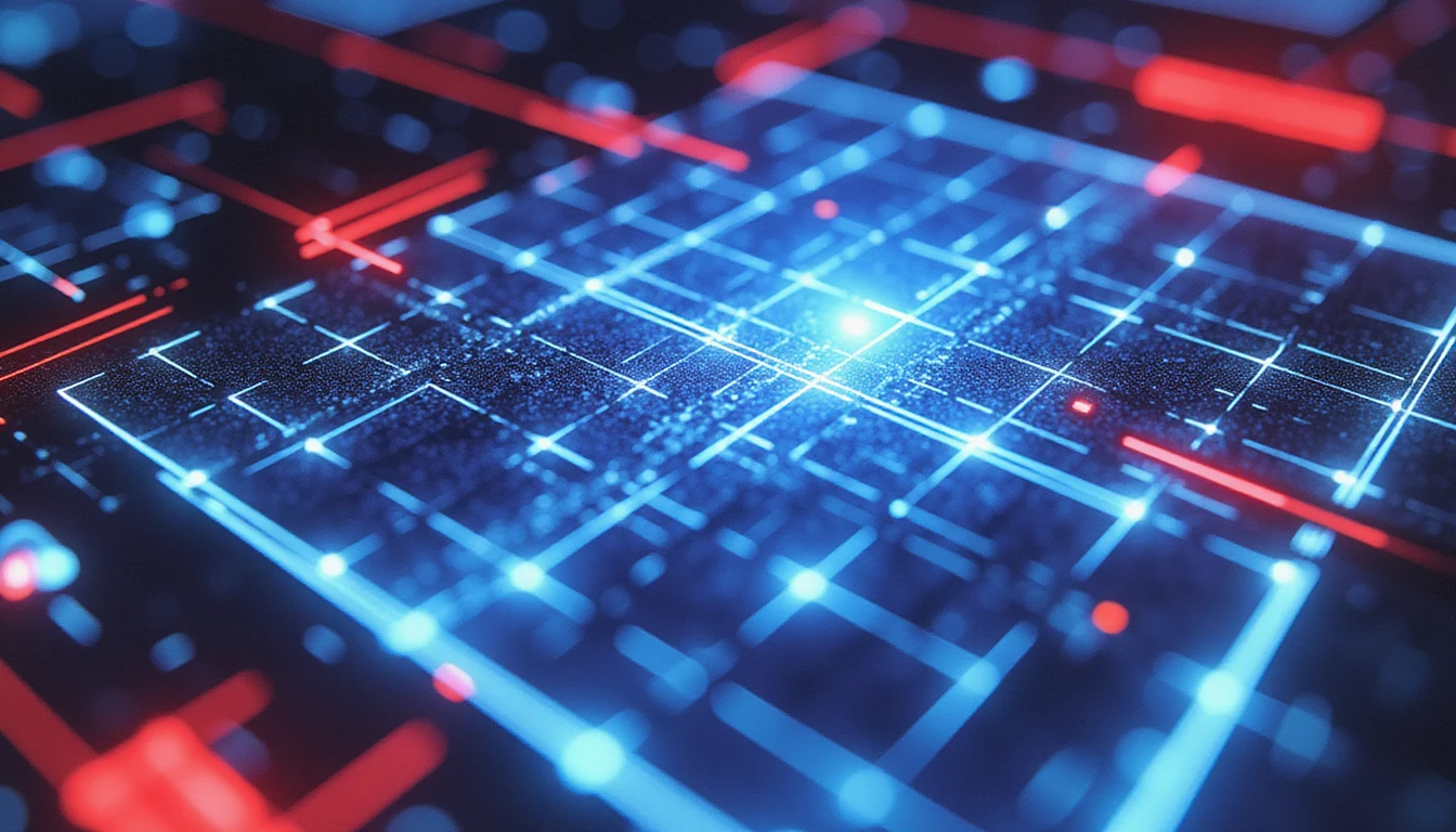 Futuristische Neonraster in Blau und Rot symbolisieren KI-gesteuerte Deepfake-Erkennung in der Versicherung und heben Betrug mit Scanner- und Urban-Tech-Elementen hervor.