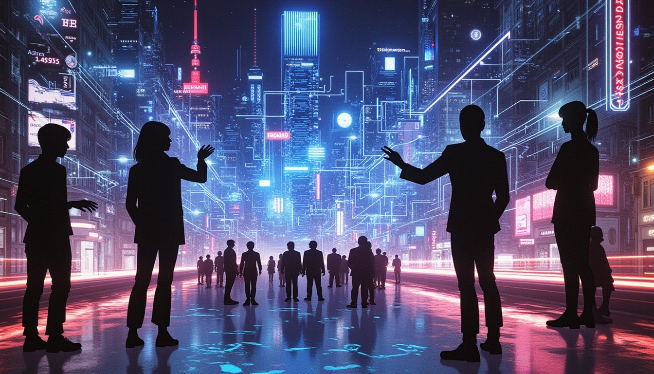 Futuristische digitale Stadtlandschaft mit Neonschaltkreisen, KI-Symbolen und Silhouetten mit leuchtenden Werkzeugen, die die Auswirkungen der Technologie auf die Versicherungsbranche hervorheben.