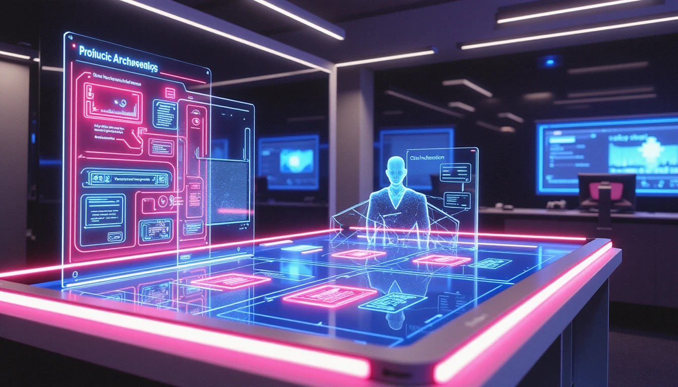 Futuristic high-tech insurance office with holographic displays, neon-lit fraud detection tech, and automated claims management interfaces.