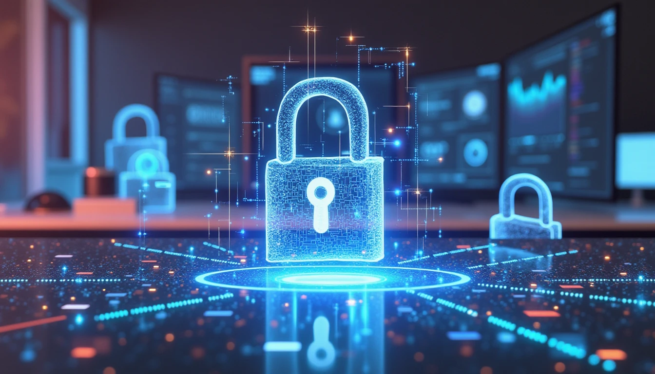 Futuristisches Büro mit leuchtenden Neon-Hologrammen von Schildern, Schlössern und Datennetzwerken, die Cybersicherheit und Analysen zur Betrugsprävention symbolisieren.