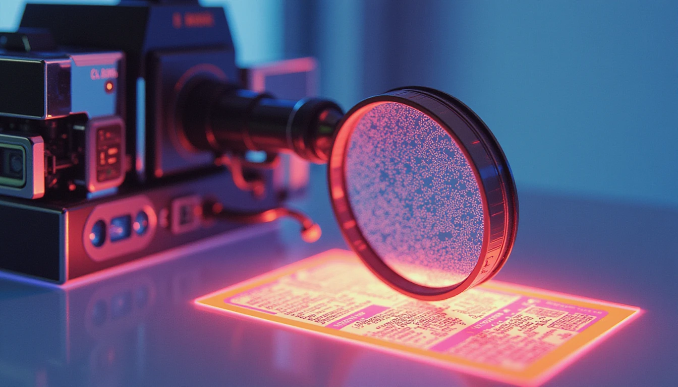 Futuristische Makroszene eines neonbeleuchteten Betrugserkennungsarbeitsplatzes mit holografischen Scannern, die Dokumente auf KI-generierte Fälschungen analysieren.
