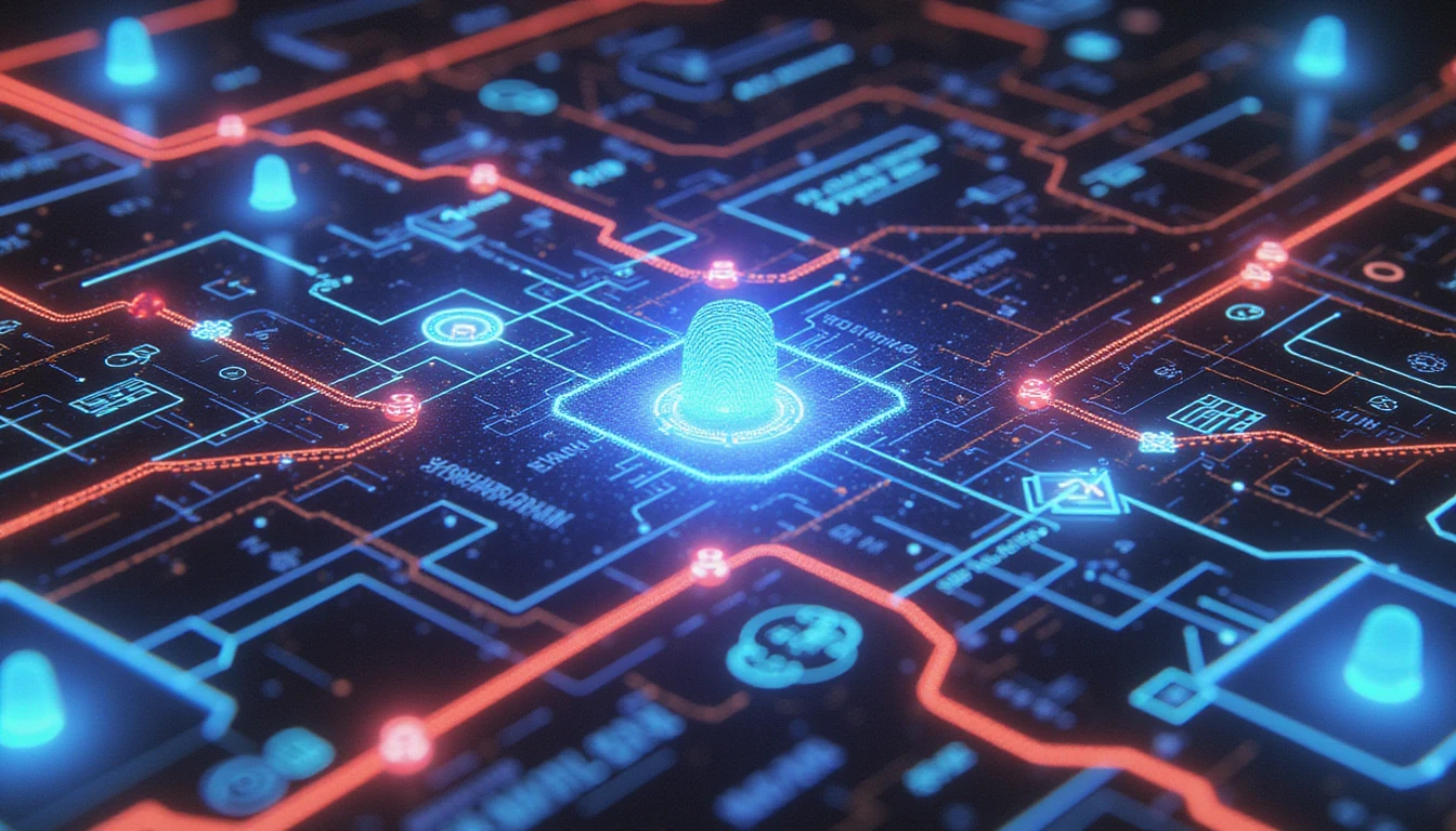 Futuristic AI system analyzing insurance fraud, with glowing data nodes, digital fingerprints, anomalies, and vibrant neon tech elements.