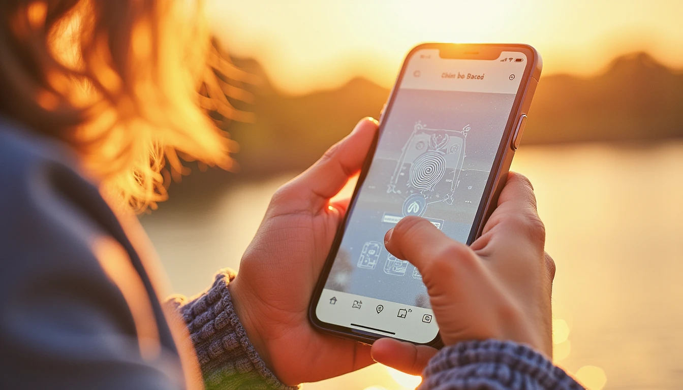Eine Hand hält ein Smartphone, auf dem eine Dating-App mit digitalen Sicherheitssymbolen angezeigt wird, die von warmem, goldenem Sonnenlicht beleuchtet werden und so den Schutz vor Betrug symbolisieren.