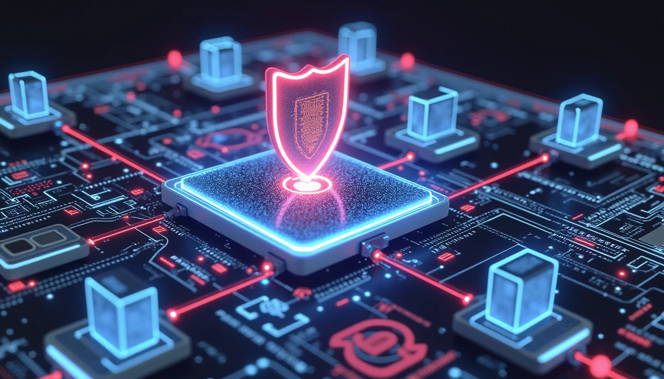 Futuristic depiction of IT system integration in insurance, featuring AI tools, interconnected networks, and glowing security elements.