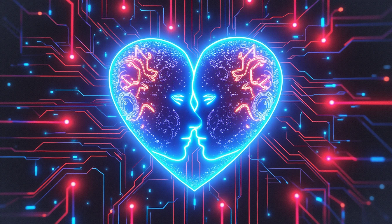 Futuristisches, neonbeleuchtetes digitales Sicherheitsschild, das leuchtende holografische Dating-Profile schützt und KI-gesteuertes Vertrauen und Innovation symbolisiert.