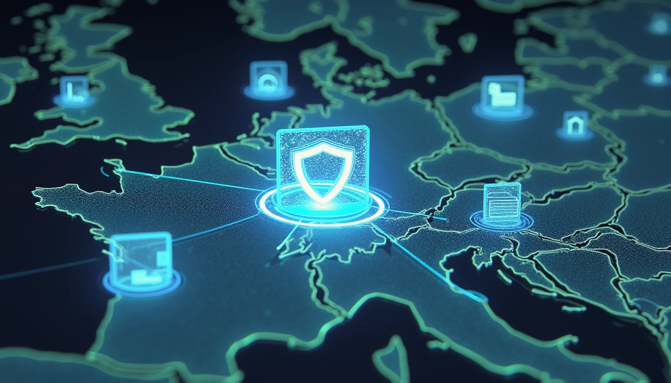 Futuristic fraud detection concept in insurance with neon network, central shield icon, digital documents, and DACH region glowing outlines.
