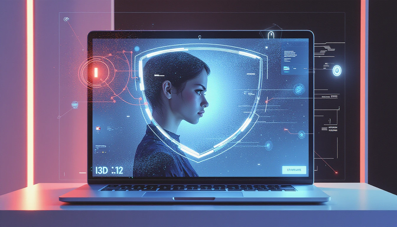 Futuristischer digitaler Schild scannt Dating-Profilbilder zur KI-gesteuerten Betrugserkennung und hebt versteckte Anomalien zur Onlinesicherheit hervor.