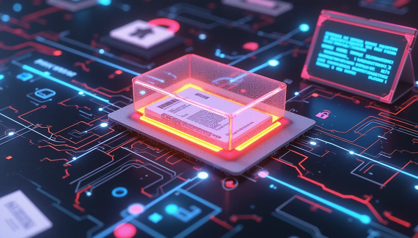 Futuristic neon-lit scene of AI-powered fraud detection in insurance, with magnified documents, scanner, and security symbols.
