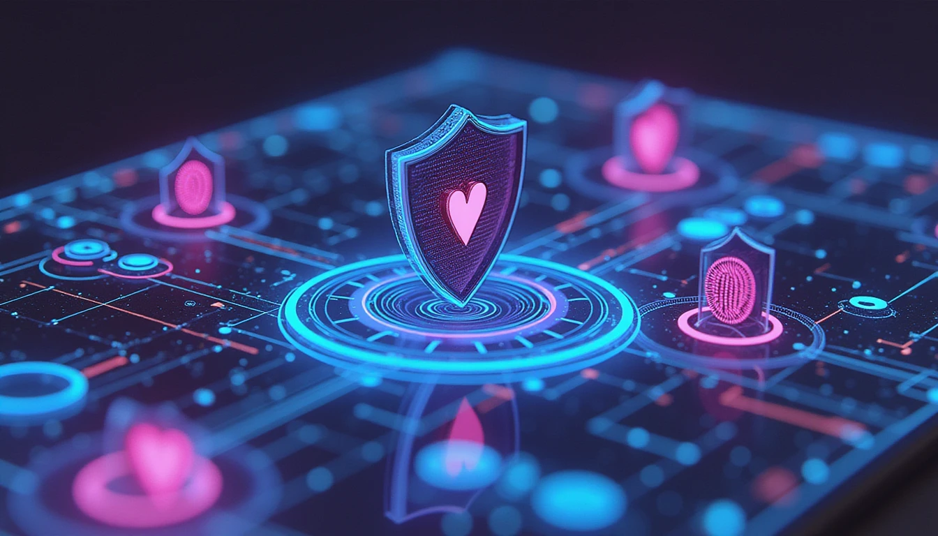 Futuristic digital interface with neon-lit shields and biometric symbols, representing AI-driven cybersecurity for online dating fraud prevention.