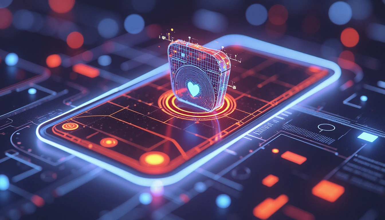 Futuristische Benutzeroberfläche einer digitalen Dating-App mit einem neonleuchtenden Schild, Fotoanalyserastern und Datenpunkten, die eine sichere Bildverifizierung symbolisieren.