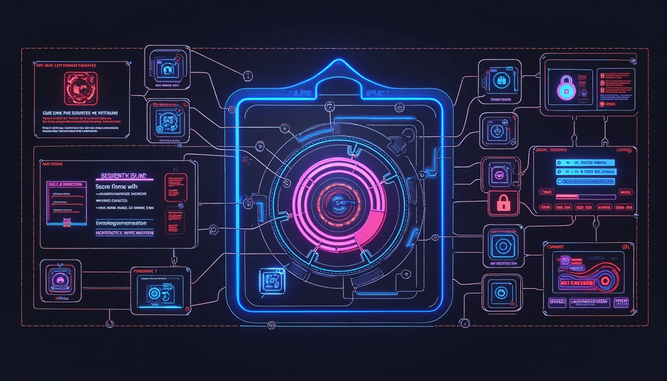Abstrakte Automatisierung in der Schadensbearbeitung mit neonleuchtenden KI-Knoten, sicherem Datenfluss und Betrugserkennung auf einem dunklen Hintergrund.