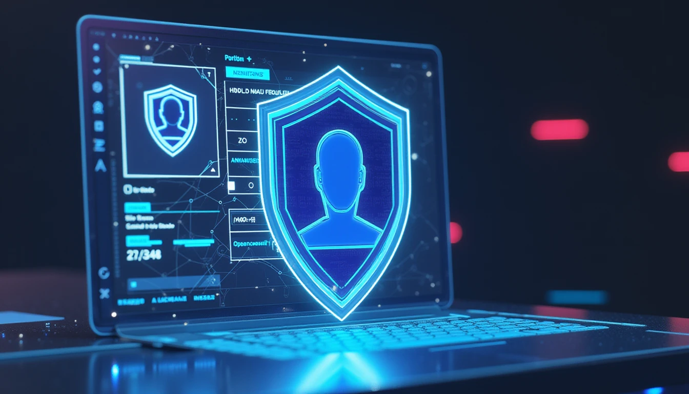 KI-gestützte Betrugserkennung beim Online-Dating: Ein neonblaues digitales Schild schützt ein Benutzerprofil und symbolisiert Sicherheit und Echtheitsprüfung.