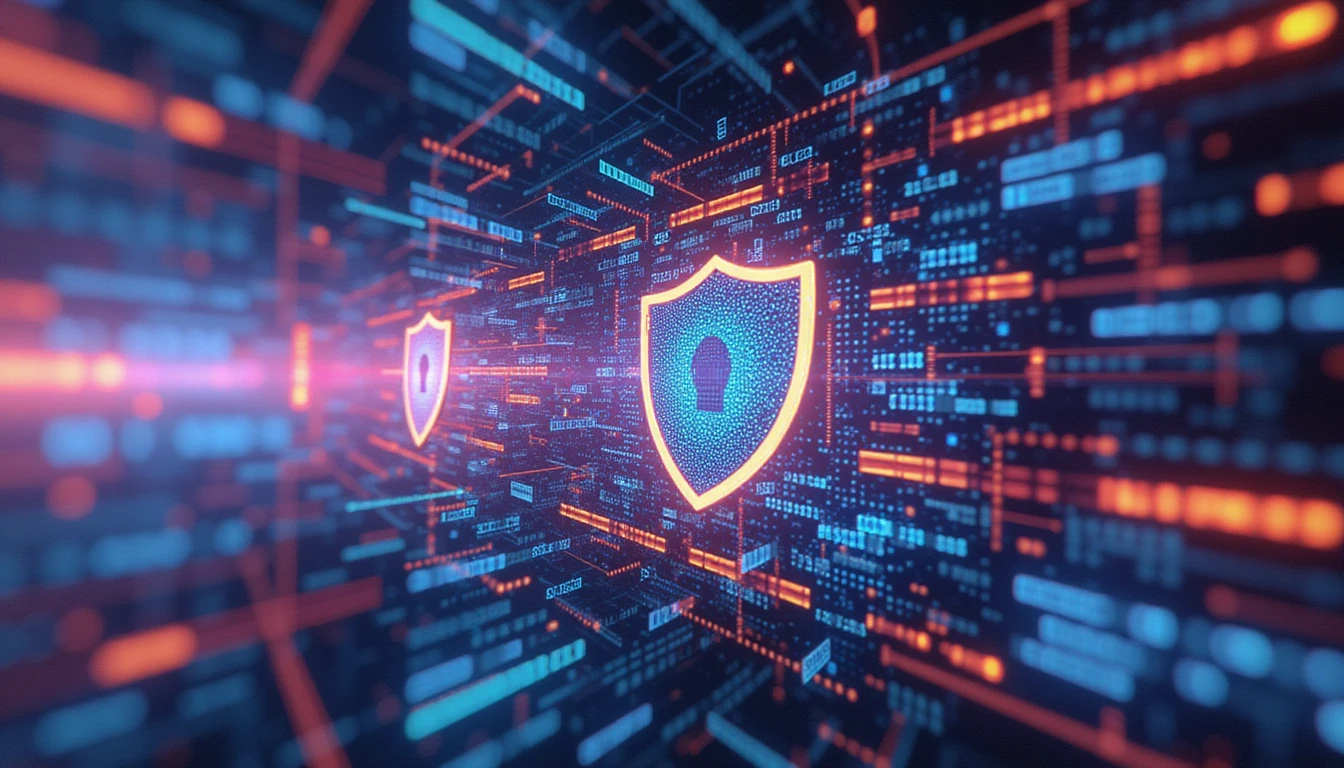 Abstrakte Visualisierung der automatischen Erkennung von Versicherungsbetrug mit neonbeleuchteten digitalen Netzwerken, Sicherheitsschilden und futuristischen Datenmustern.