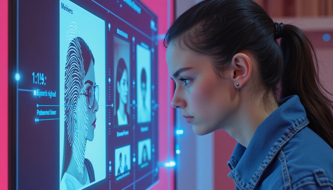 Futuristische, KI-gestützte Schnittstelle zur Analyse von Profilbildern mit holografischen Sicherheitsebenen, digitalen Fingerabdrücken und Knoten zur Betrugserkennung.
