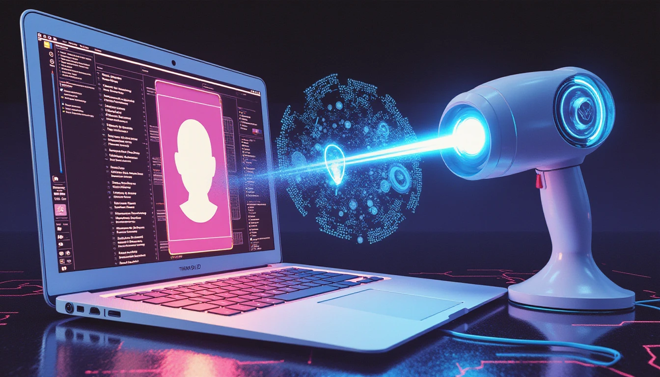 AI-driven fraud detection in online dating: neon security shields protect profiles as a holographic scanner analyzes user images for anomalies.