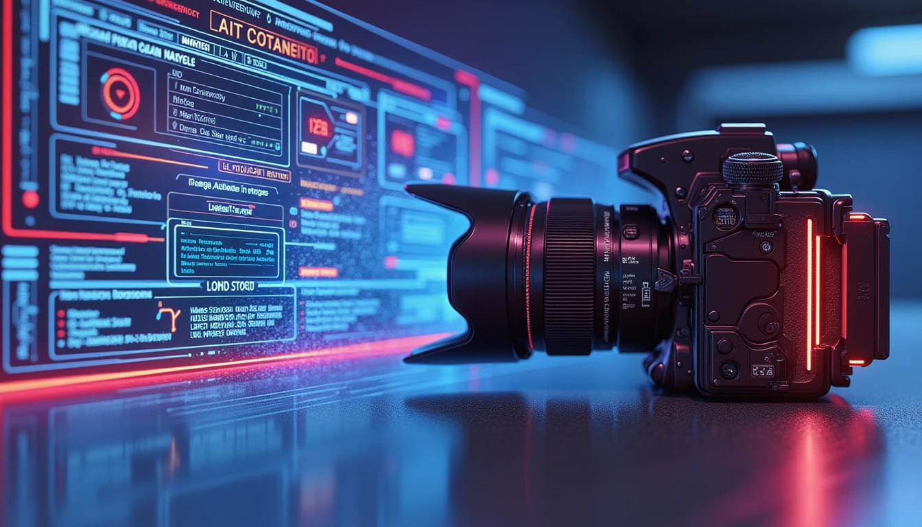 Futuristic AI-driven fraud detection in insurance: a camera captures claim assessment with holographic data overlays and neon analysis grids.