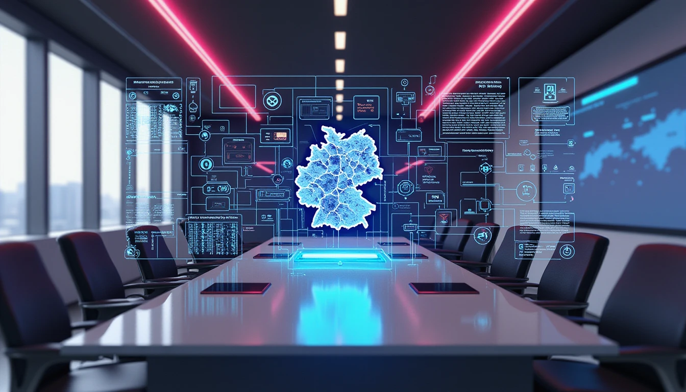 Futuristic office with glowing neon blueprint of a digital fraud scanner, symbolizing advanced insurance tech and cybersecurity innovation.