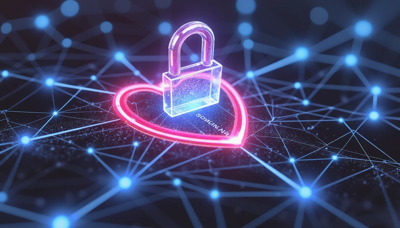 Abstraktes, neonleuchtendes Schutzschild über einem Netz von Knotenpunkten, symbolisiert KI-Sicherheit, Betrugserkennung und Datenschutz auf Online-Dating-Plattformen.