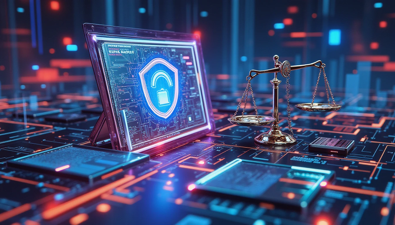 Futuristisches Makrodesign von neonbeleuchteten KI-Elementen mit Waagen der Gerechtigkeit, Sicherheitsikonen und Datenflüssen, die Innovation in der Versicherungstechnologie symbolisieren.