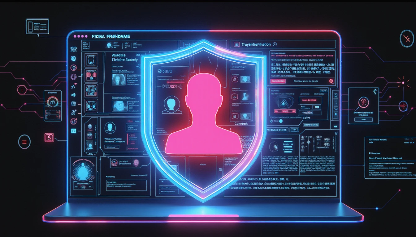 Futuristisches digitales Schild mit Neonglow schützt Online-Dating-Profile, symbolisiert KI-gesteuerte Sicherheit, Betrugserkennung und sichere Verbindungen.