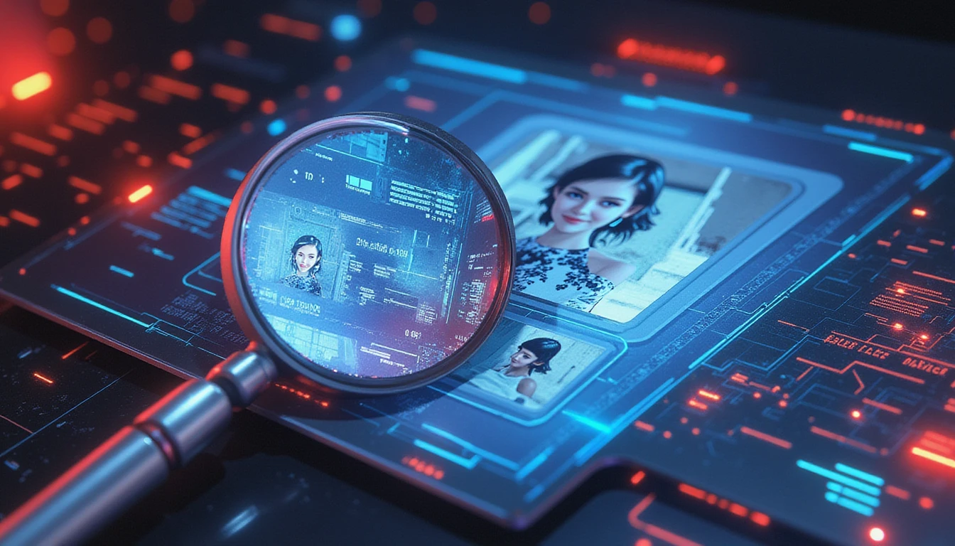 Futuristische, KI-gestützte Erkennung von Schadensmanipulationen mit einer Lupe, die ein digital verändertes Bild, Metadaten und neuronale Muster analysiert.