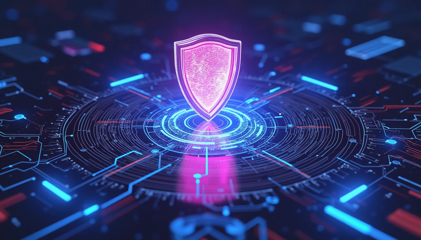 KI-gestützter digitaler Schutzschild mit neonfarbenen biometrischen Scans und algorithmischen Mustern, der sicheres Online-Dating und Betrugserkennung symbolisiert.
