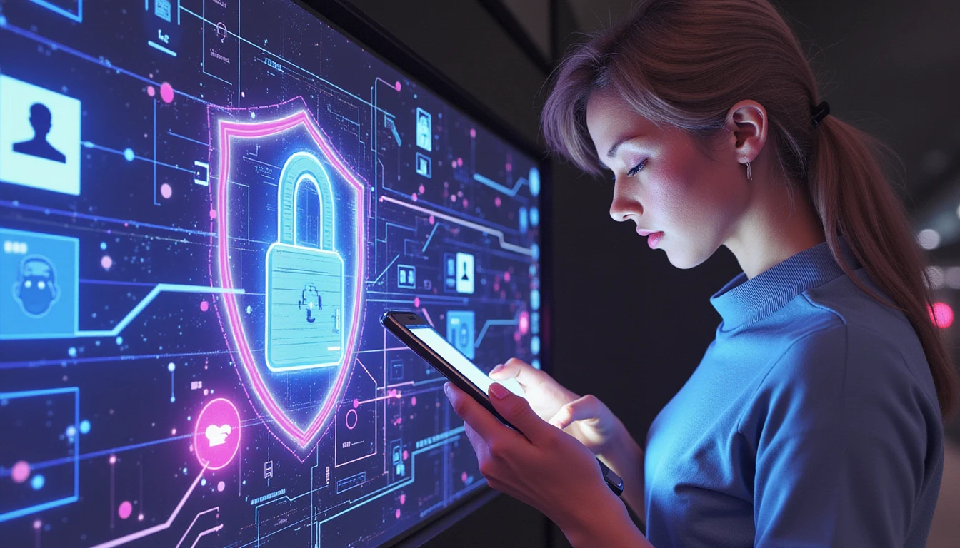 Person, die eine Dating-App auf einem eleganten Smartphone verwendet, umgeben von einem digitalen Schild, das KI-gestützte Sicherheit und Betrugserkennung symbolisiert.