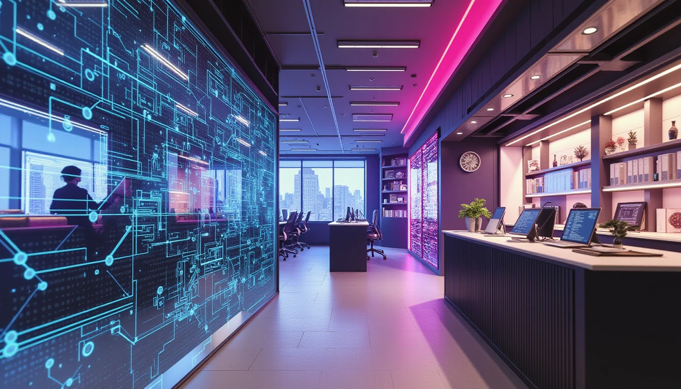 Futuristic office showcasing AI-driven insurance fraud detection with neon patterns, digital diagrams, and a tech-forward, secure ambiance.