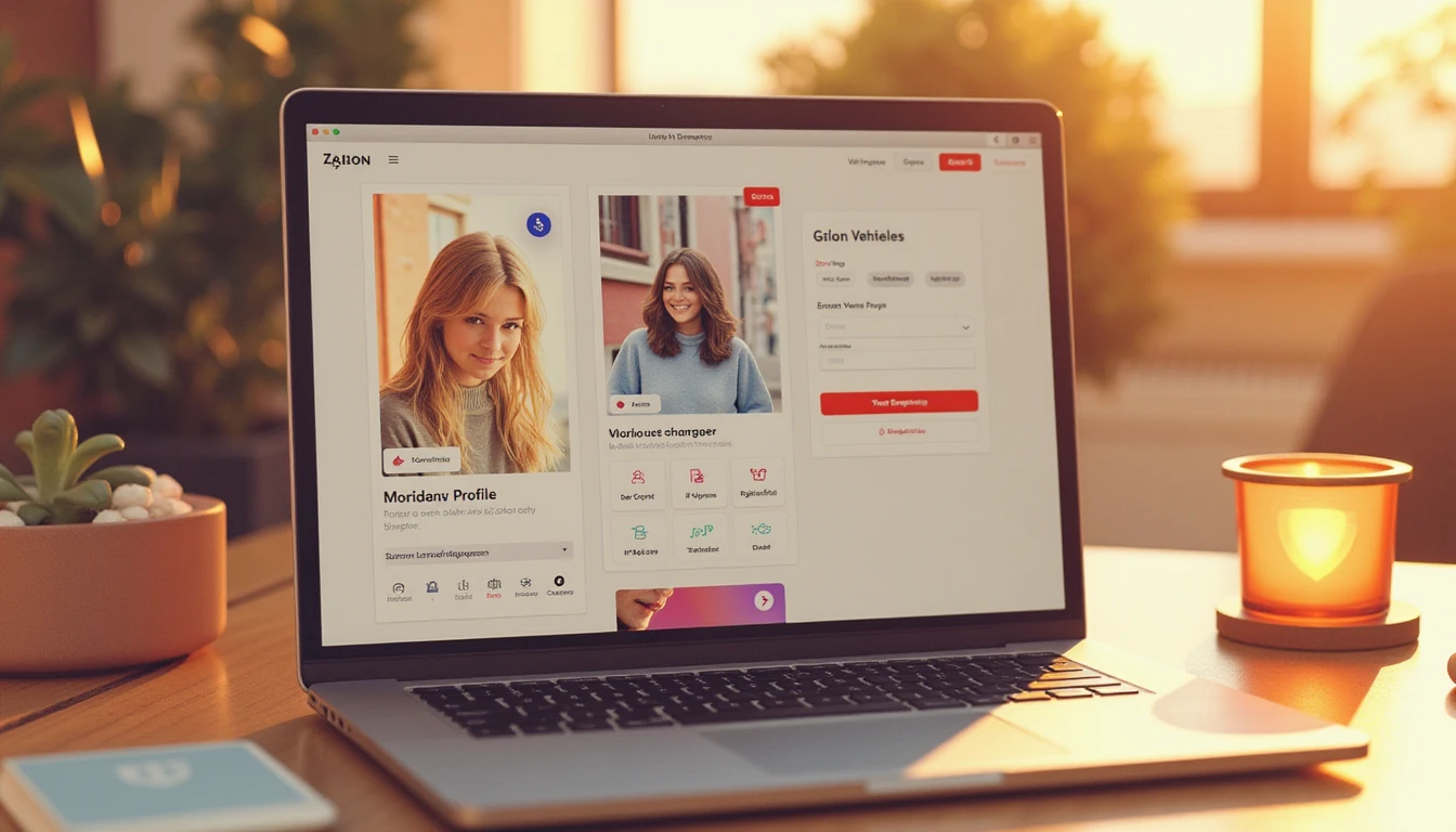Close-up of a laptop screen displaying a dating app with a verified profile badge, bathed in warm golden light, symbolizing trust and security.