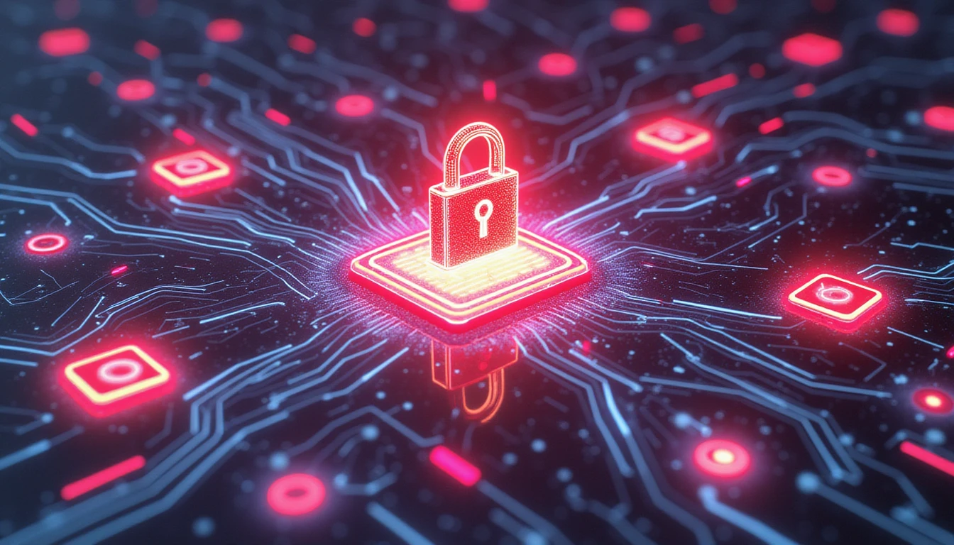 AI-driven fraud detection in online dating, featuring a glowing AI core, holographic security symbols, and interconnected neon elements.
