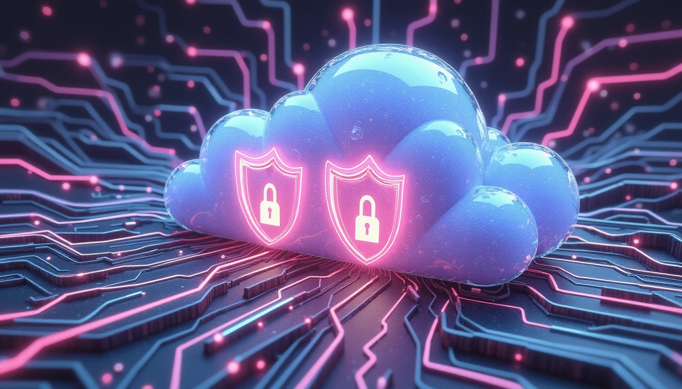 Leuchtende Neonwolke mit Schilden, die cloudbasierte Versicherungssicherheit, Datenschutz, Echtzeitanalyse und Betrugsprävention veranschaulichen.