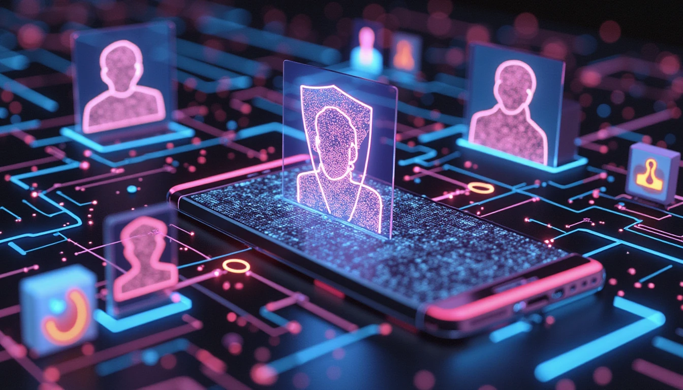 AI-driven fraud detection for dating apps, featuring neural connections, holographic profiles, data streams, and security shields in neon hues.
