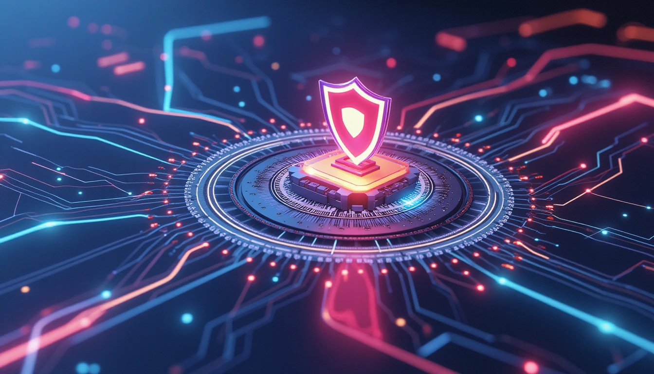 Futuristic visualization of automated claims processing and fraud detection with neon circuits, glowing shield, and data-driven workflows.