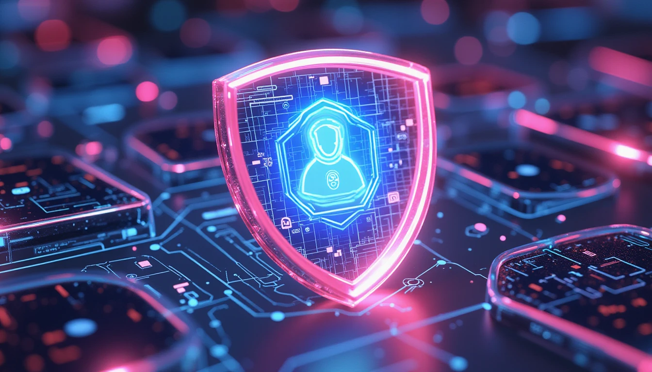 Futuristic visualization of online dating security with a glowing shield, biometric scans, profile icons, and AI analyzing fake profiles.