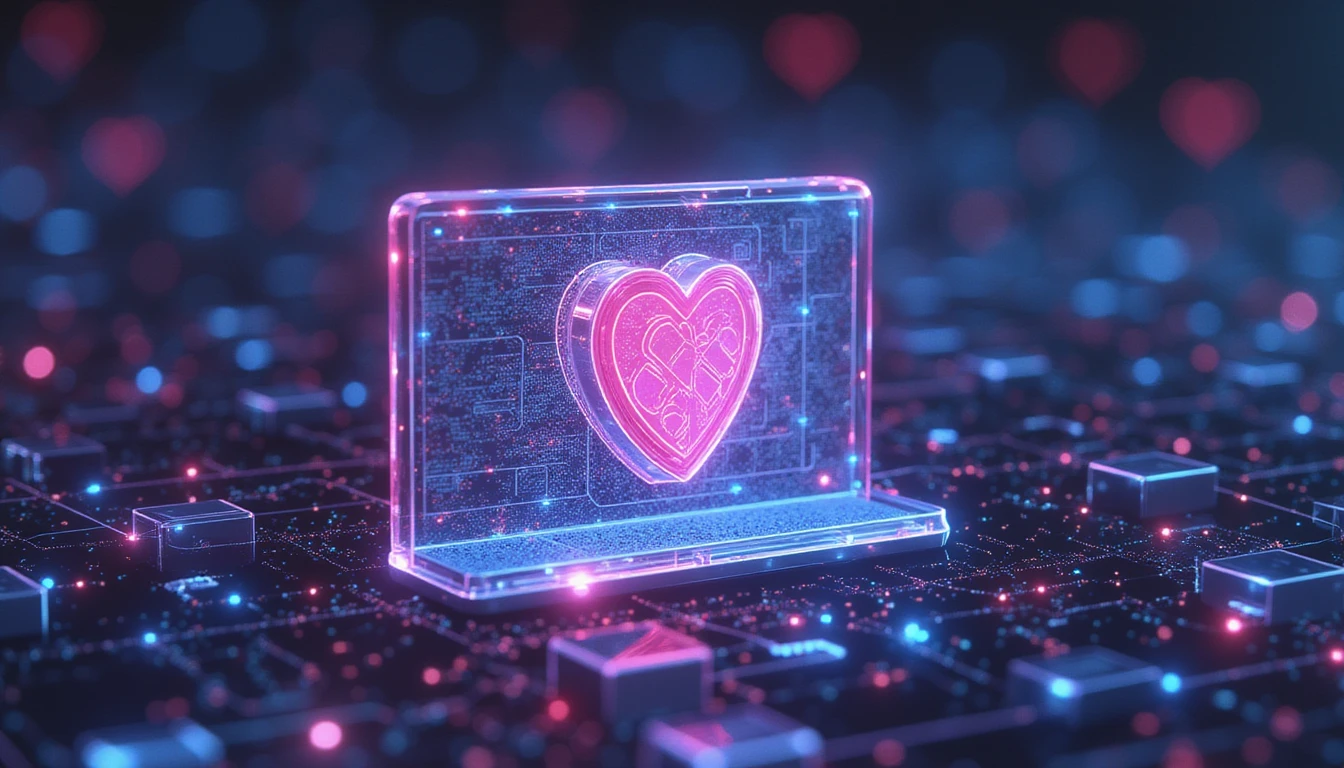 KI-gestützter Schutzschild zum Schutz von Online-Dating-Benutzern mit neonleuchtenden Sicherheitsbarrieren und Datenknoten, die Liebesbetrug erkennen und blockieren.